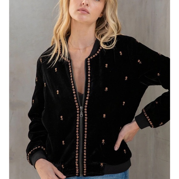 Lovestitch Cait Black Velvet Beaded Bomber Jacket size Medium - Picture 1 of 8